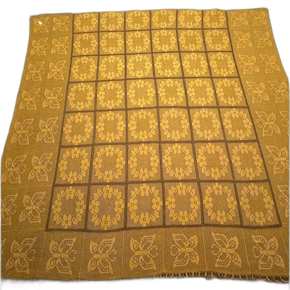 Vintage Hand Crocheted Gold Brown Floral Butterfly Twin Bedspread 85x90